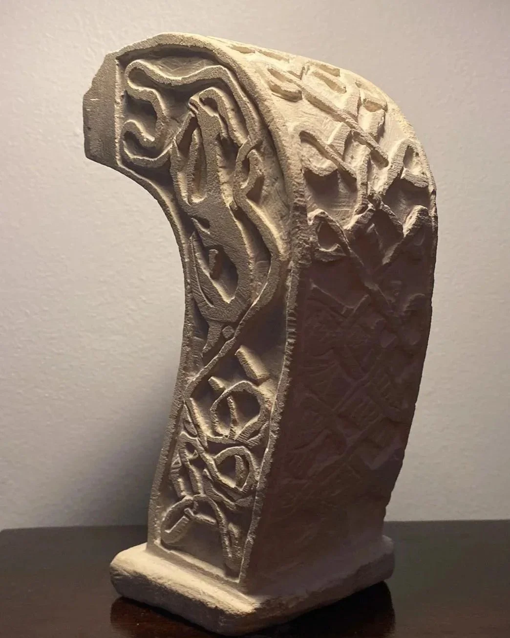 Subject : Sculpture Lindisfarne Bible inpired abstract form-
Medium : Portland Limestone-
Year : 2026
