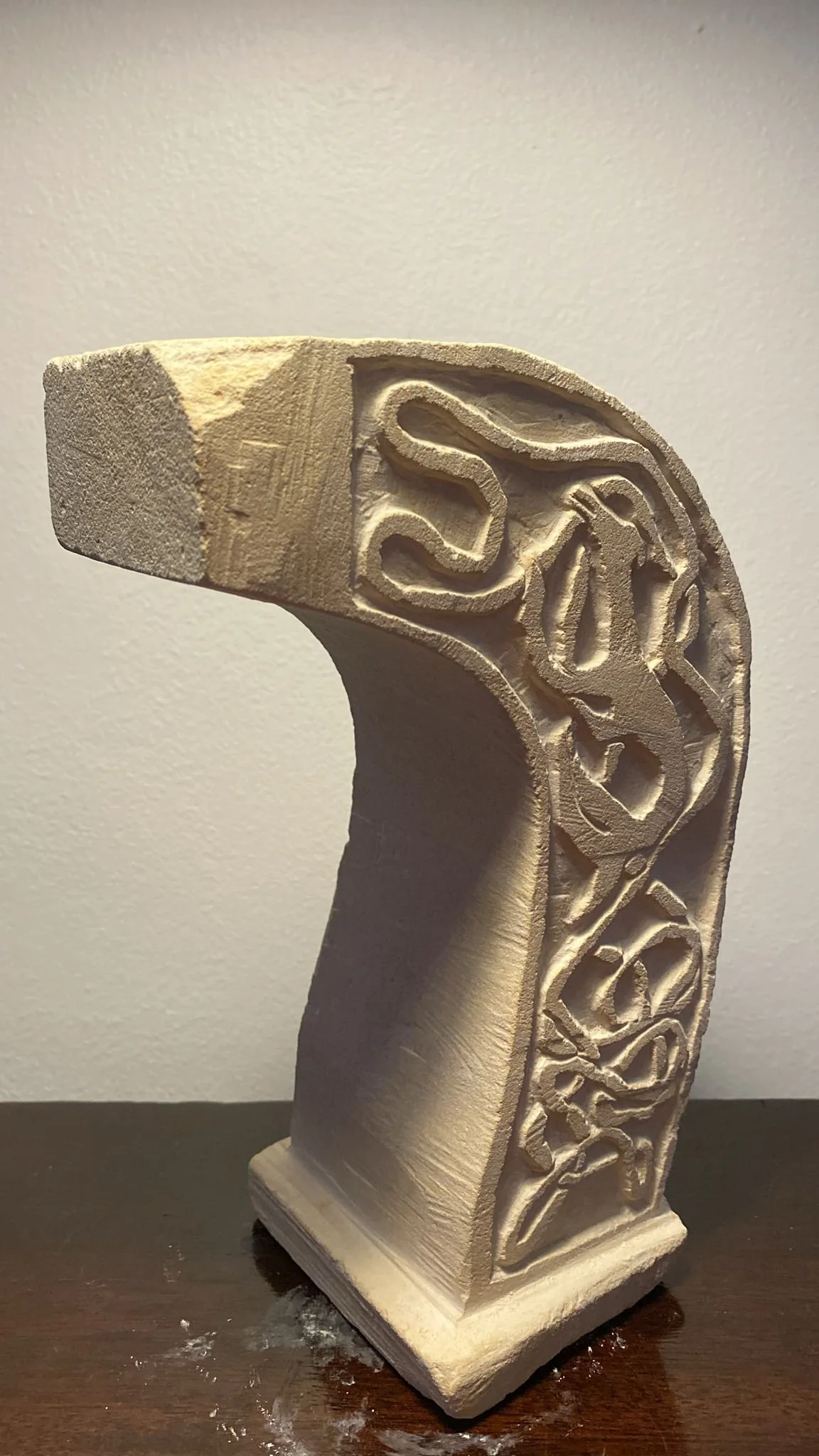 Subject : Sculpture Lindisfarne Bible inpired abstract form-
Medium : Portland Limestone-
Year : 2026