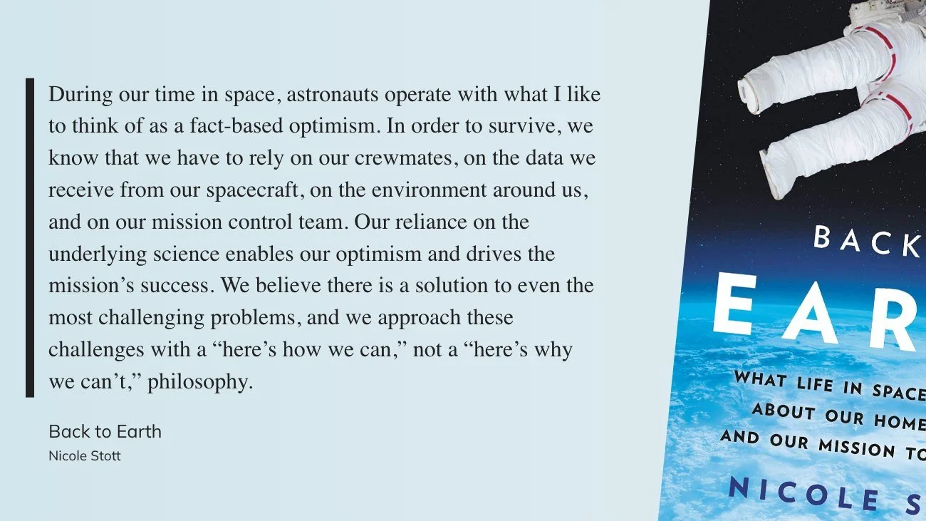 As we appreciate the success of the Artemis crew, here's an explanation from astronaut and 🟦Blue Sky alum Nicole Stott of the role of optimism in her crew's success. 🚀

➡️Her terrific book, Back to Earth is available on the 🟦Blue Sky bookshelf. 📚