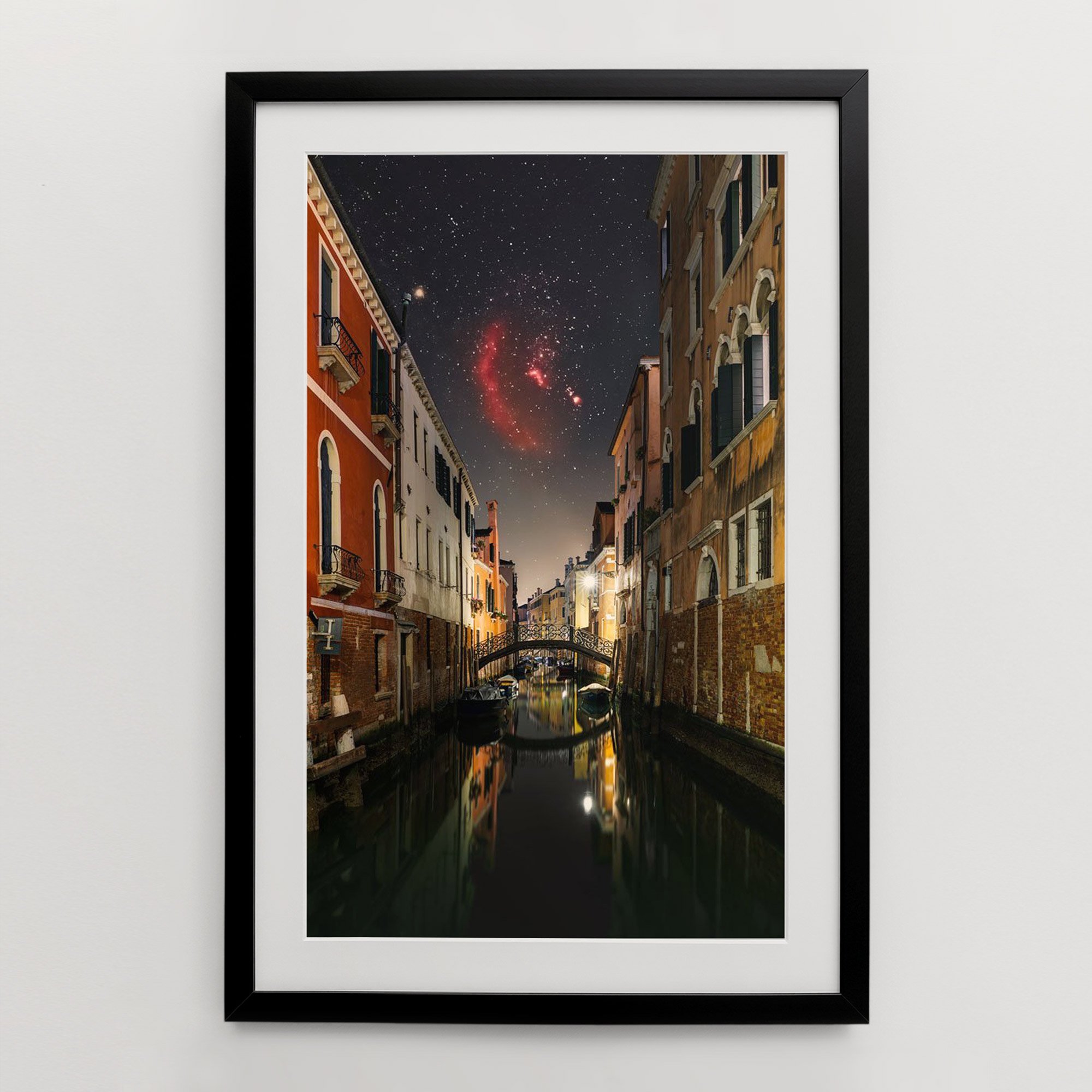 Framed photo - A fiery spectacle: Orion constellation rising above an iron bridge and the silent canal | Incanto di fuoco: Orione sopra un ponte di ferro e il canale silenzioso