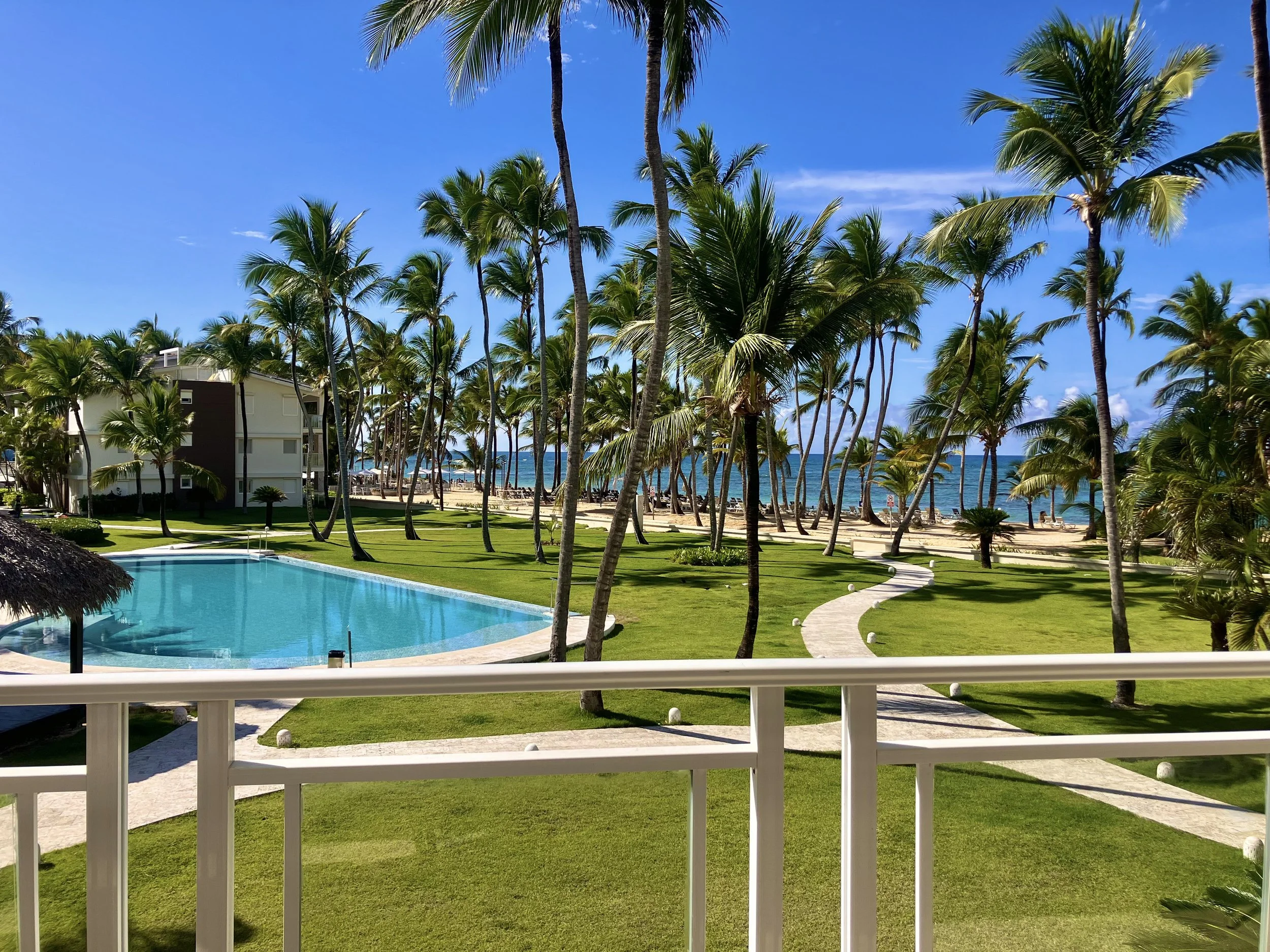 Beachside resort with a swimming pool, palm trees, a sandy beach, and the ocean in the background under a clear blue sky.
