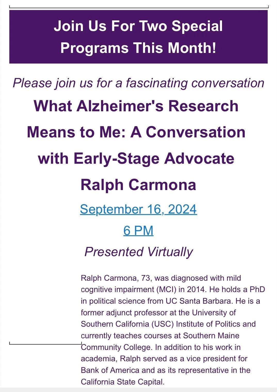 Alzheimer’s Association upcoming programs