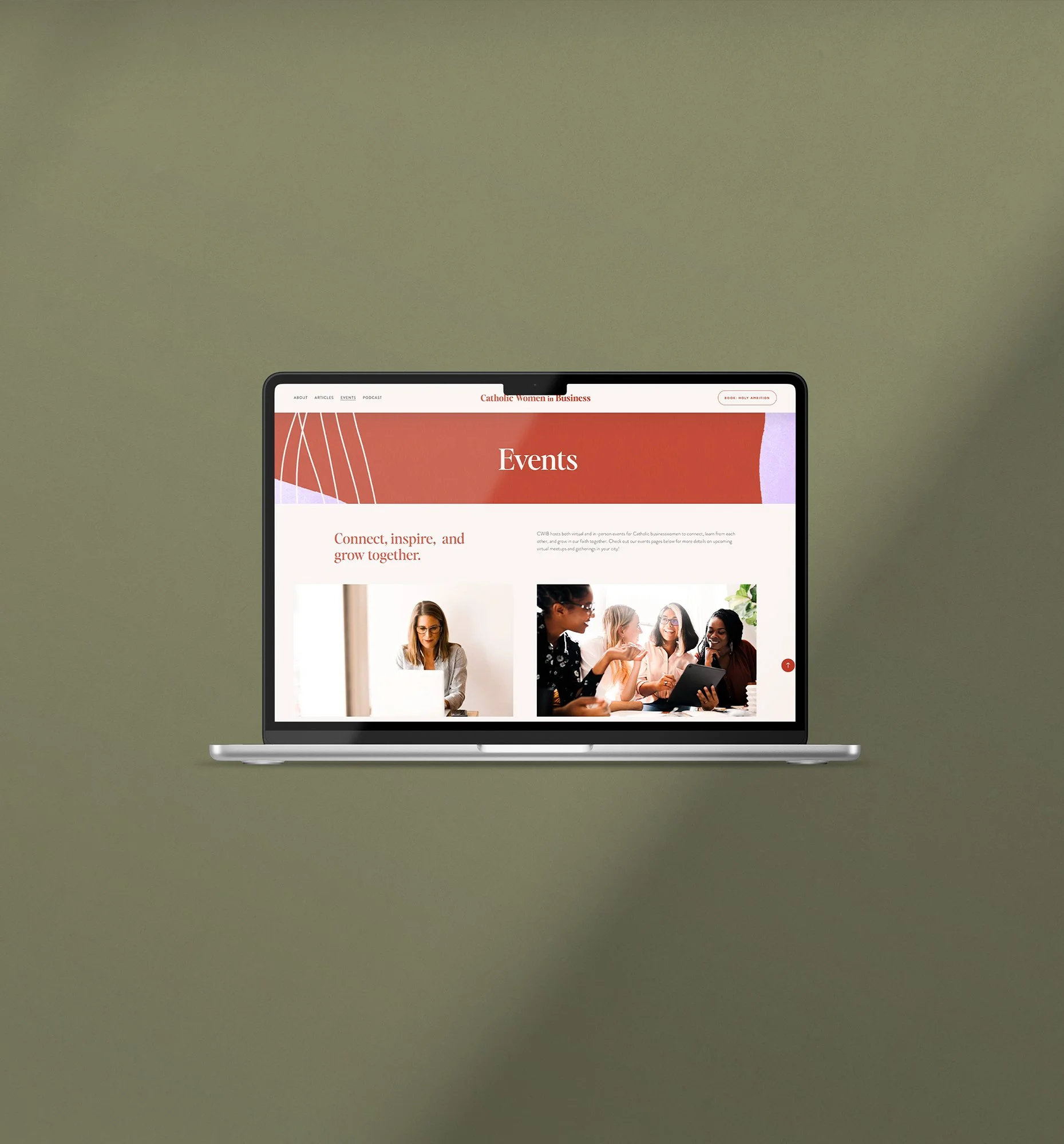 Mockup with green background and MacBook Air computer with a screenshot of the Catholic Women in Business Events page.