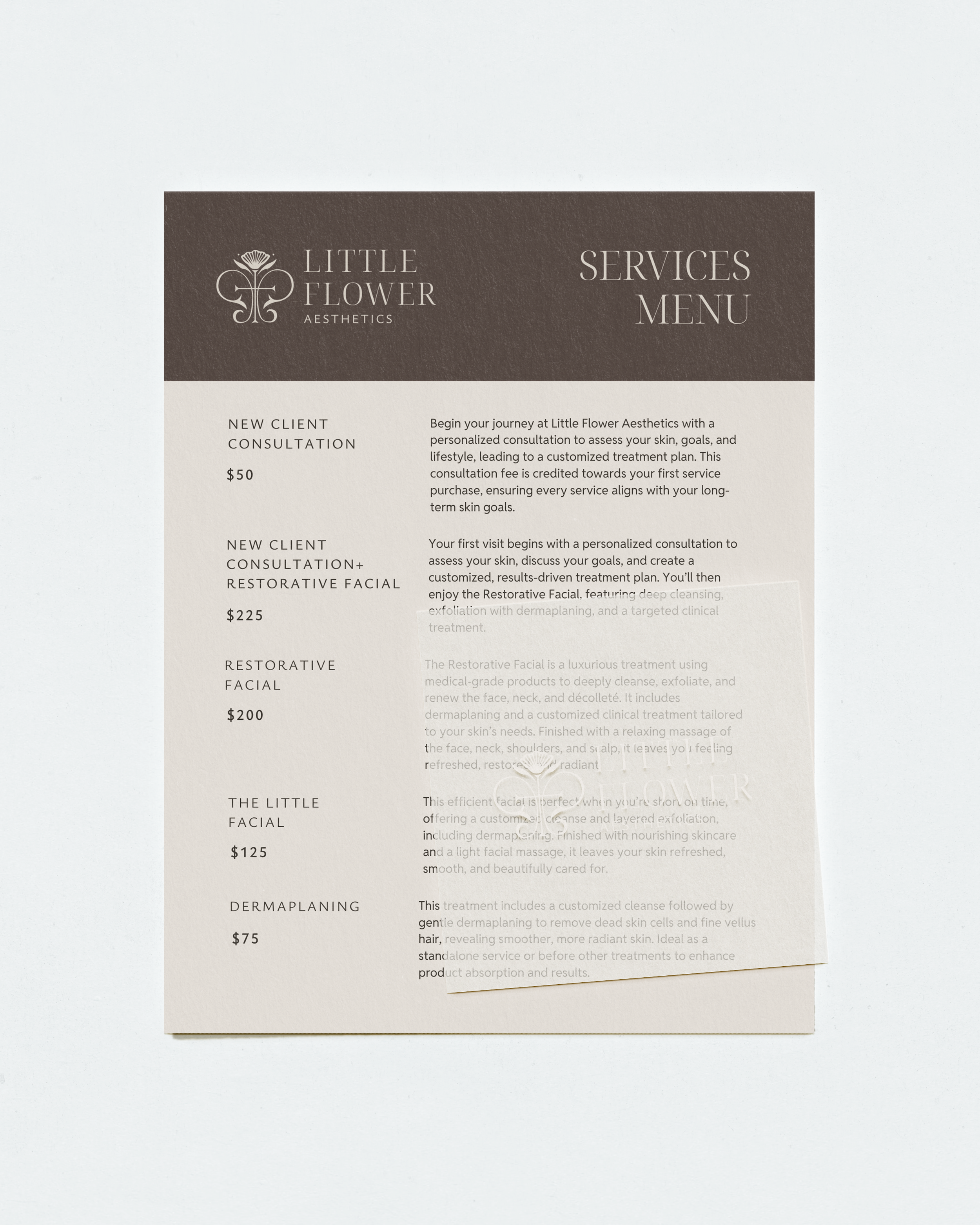 Little Flower Aesthetics Services Menu mockup with Little Flower Aesthetics logo on vellum paper