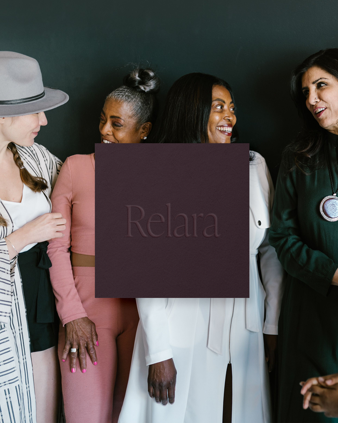 Relara wordmark embossed on plum paper laid on top of an image of a diverse group of women in their 30s through their 50s.