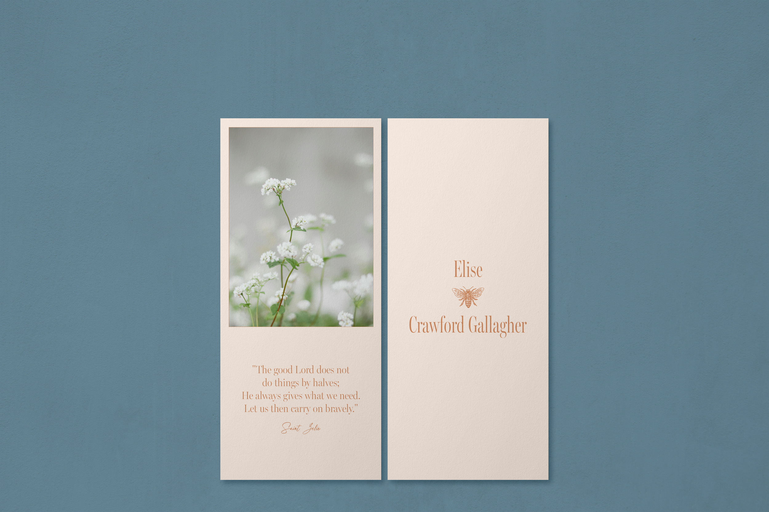 Mockup of a quote card with an image of flowers and a quote on one side, and Elise Crawford Gallagher's logo on the other side