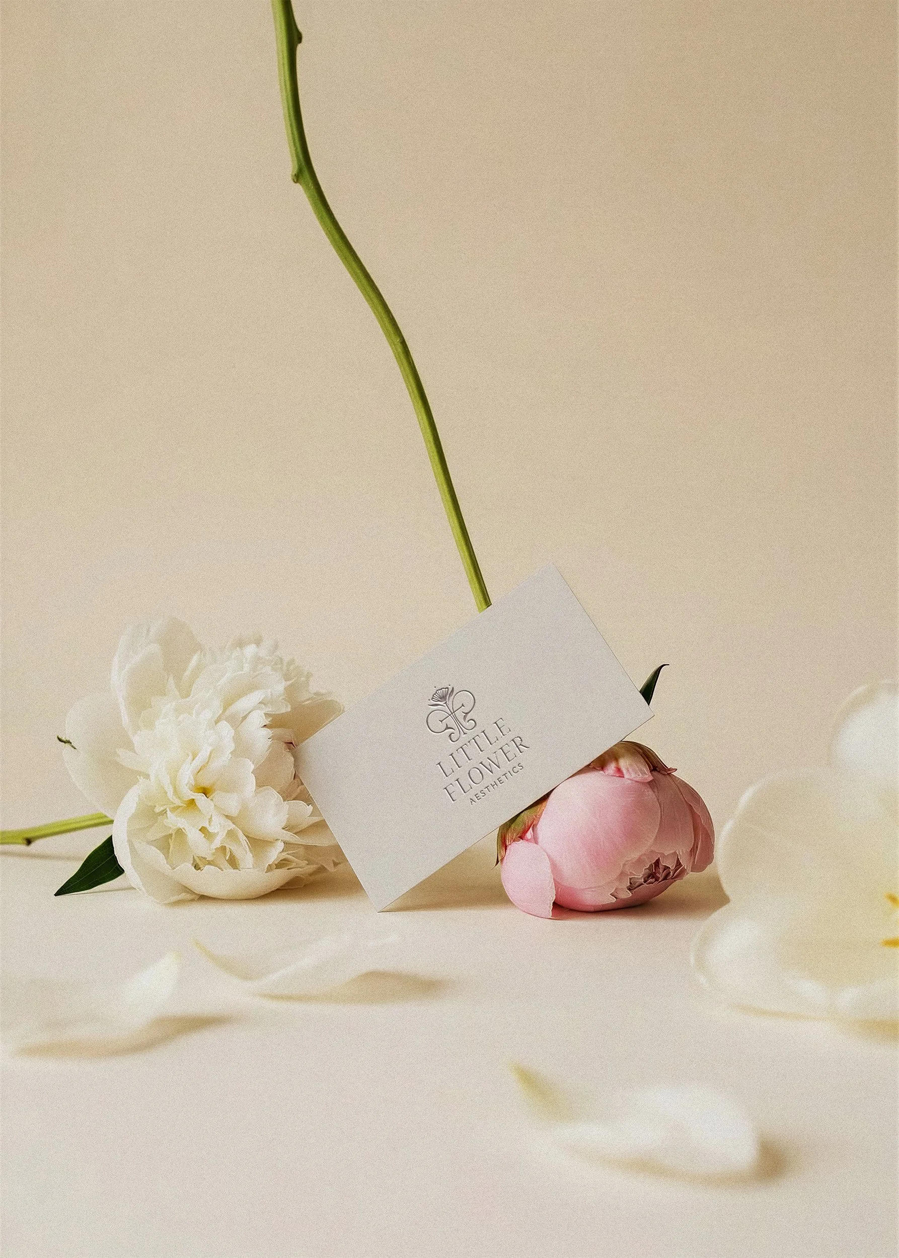 Business card with Little Flower Aesthetics logo leaning on white and pink peonies.