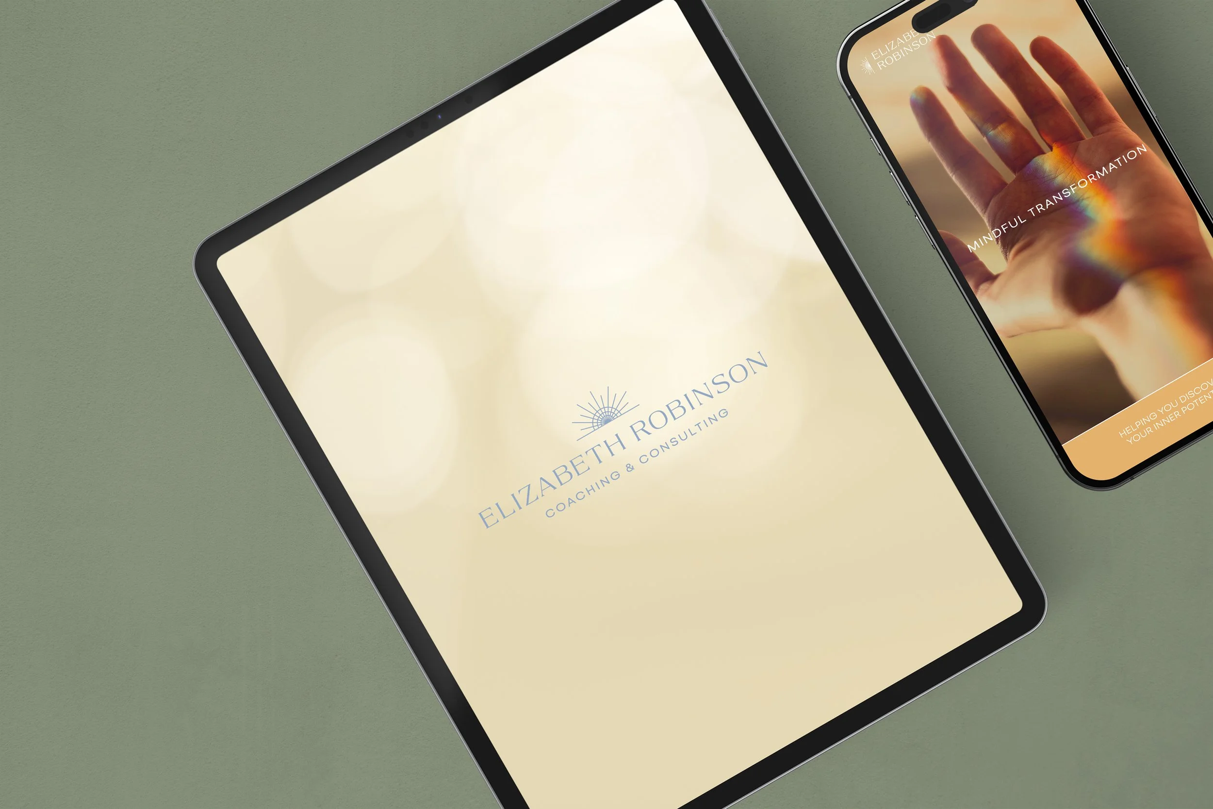 Mockup of iPad and iPhone with Elizabeth Robinson Coaching & Consulting's brand, including logo, colors and typography