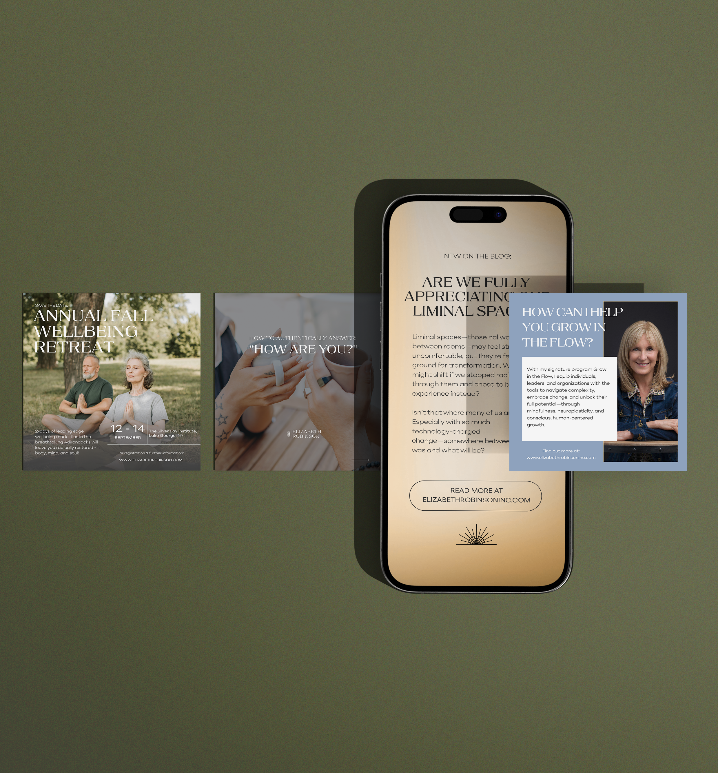 Mockup of an iPhone alongside 3 cards showing social media templates with Elizabeth Robinson Coaching & Consulting branding