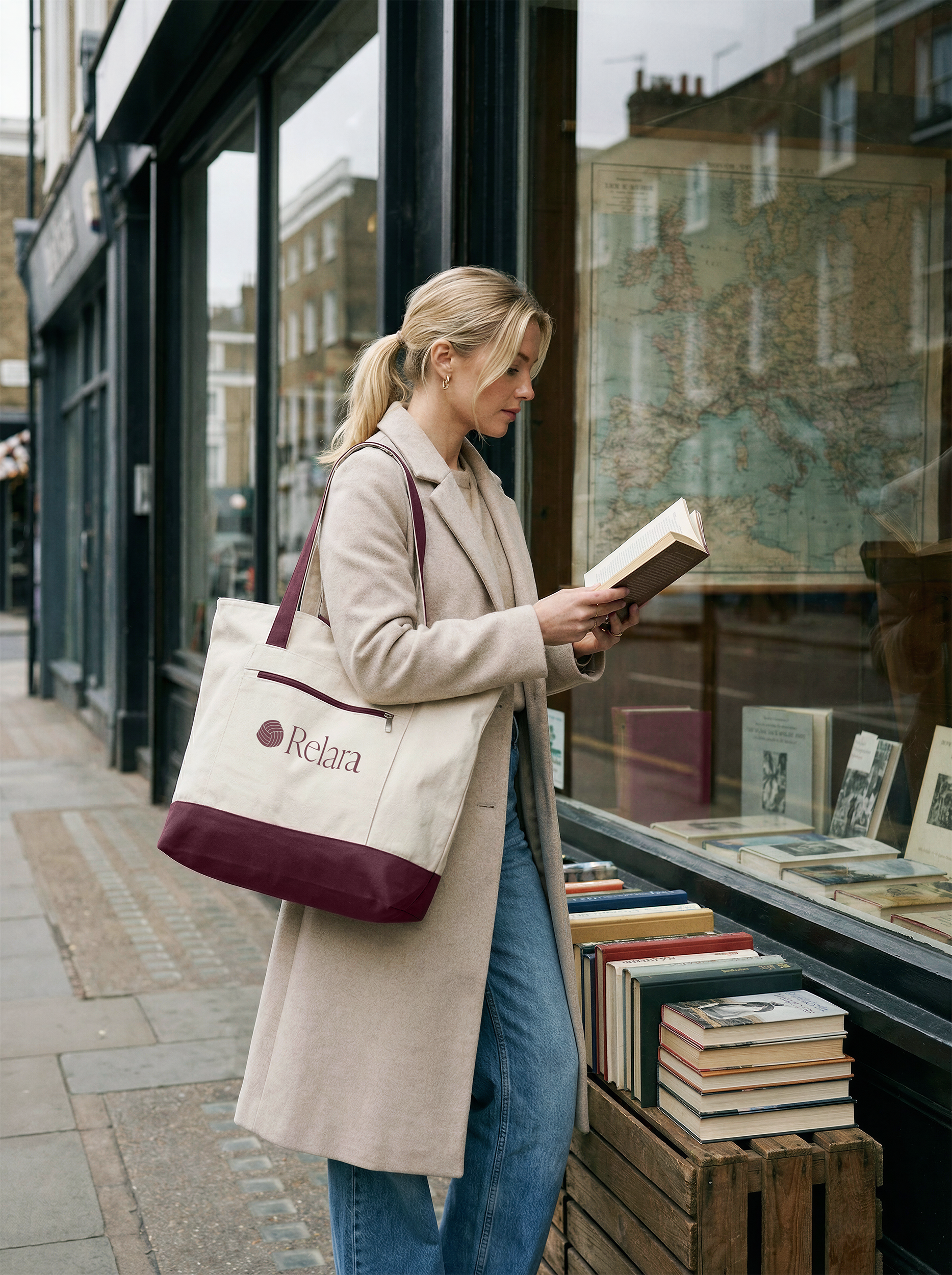 Mockup of a young woman standing outside a bookstore, looking through a book. She's carrying a tote bag with the Relara logo and with a bottom and straps in Relara's plum color.
