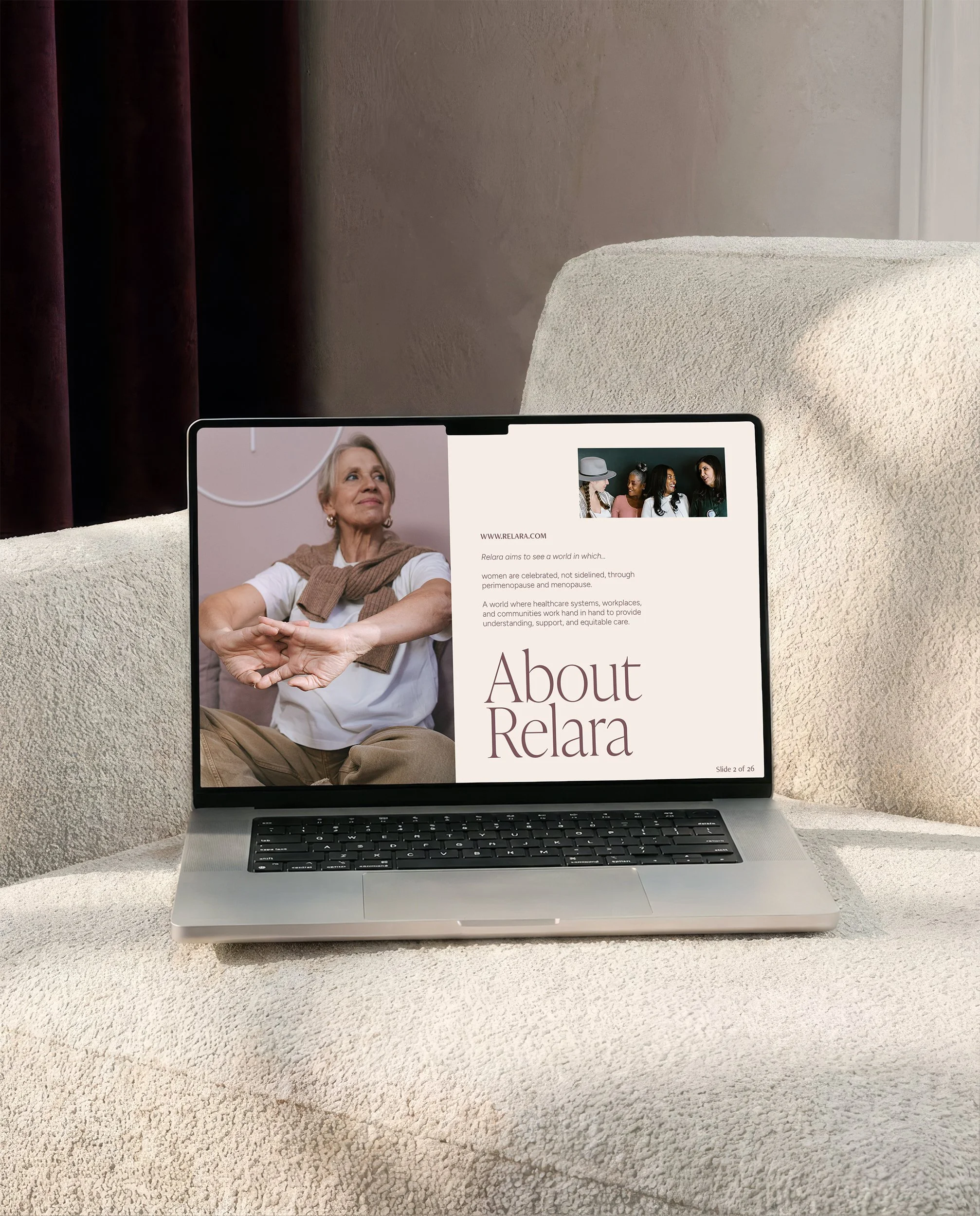 Laptop set on top of an ivory couch, with a presentation slide on the screen displaying info about Relara, set it Relara's brand fonts, colors and brand-aligned imagery.