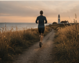 A person jogging on a dirt path near a body of water during sunset, with a lighthouse in the background.