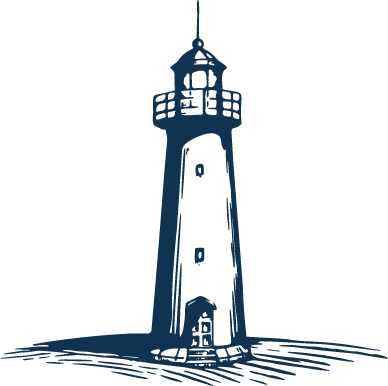 Illustration of a lighthouse on a rocky shore, featuring a tall tower with a balcony and lantern room at the top.