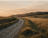 A rural dirt road winding through countryside with fields and distant hills, under a cloudy sky at sunset.