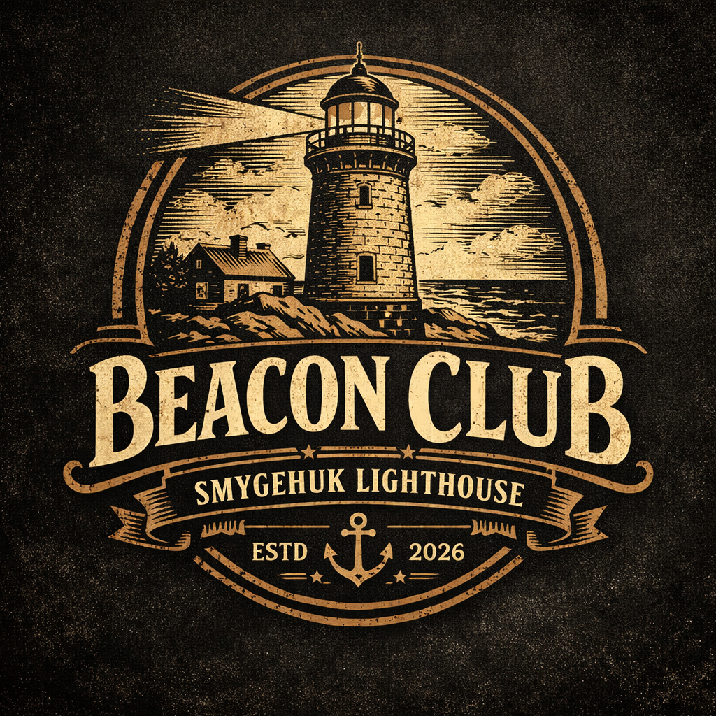 Vintage-style logo featuring a lighthouse on rocky coast with a house, surrounded by text that reads "Beacon Club, Smygehuk Lighthouse, ESTD 2026" and an anchor symbol.