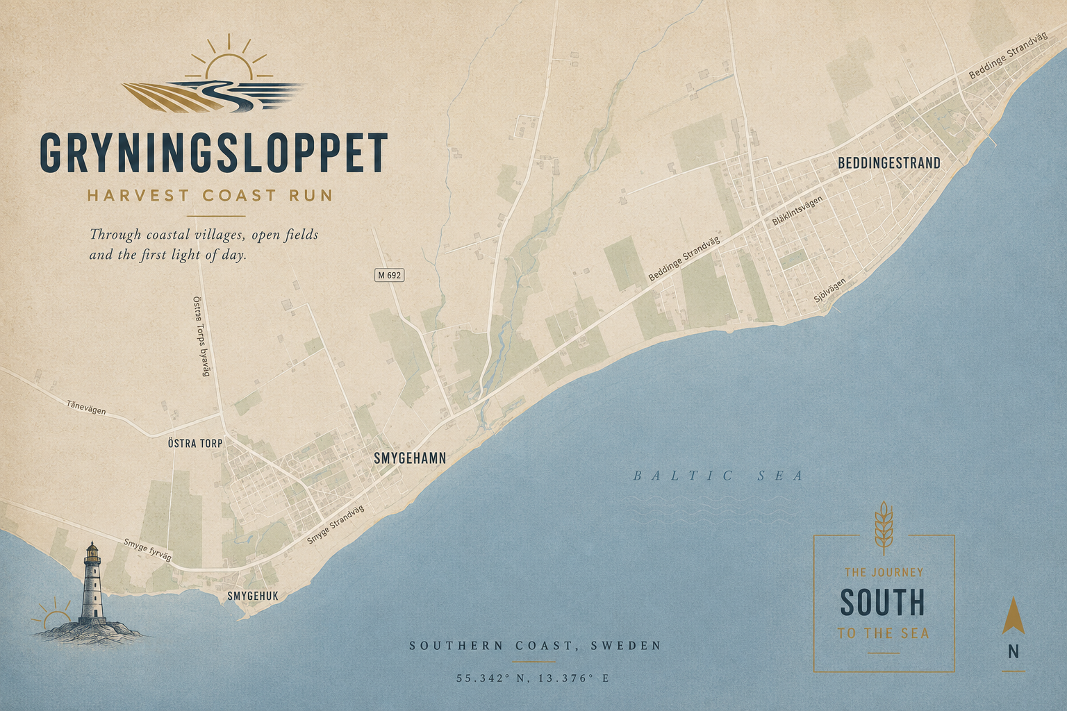 Map of southern coast of Sweden showing Gryningslopp event route from Smygehuk to Beddingestrand along the Baltic Sea, with landmarks and road names, and a lighthouse icon at Smygehuk.