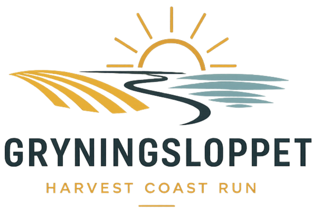 Logo for GryningsLoppet with stylized sunrise, winding road, and water, and text 'GryningsLoppet' and 'Harvest Coastal Run'.