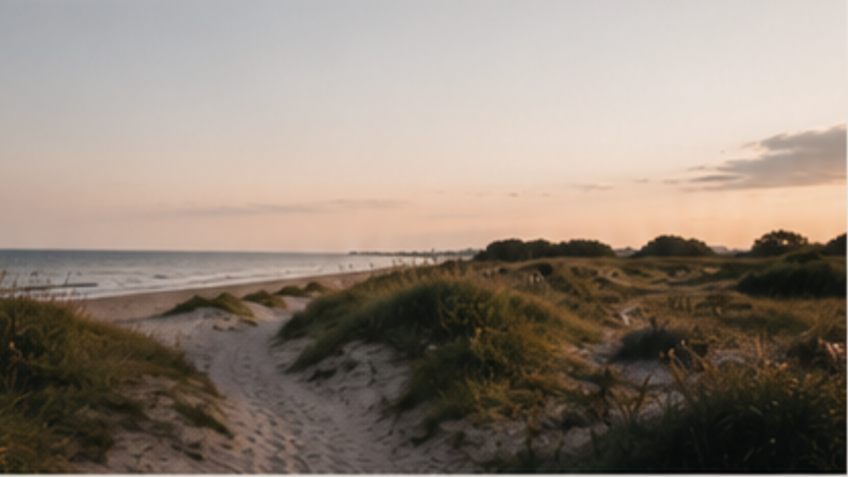 Beach with sandy pathway, grassy dunes, and cloudy sunset sky.