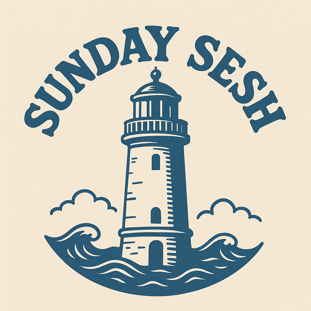 Illustration of a lighthouse surrounded by waves, with the words 'Sunday Session' arched above.