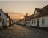 A cobblestone street lined with white historic buildings during sunset.