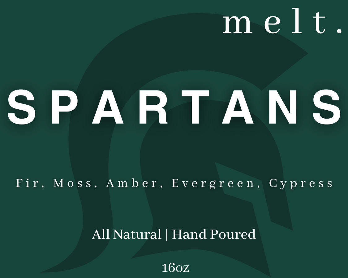 SPARTANS. candle by Melt, surrounded by elements of balsam, pine, and cedar, representing the candle’s bold and invigorating fragrance.