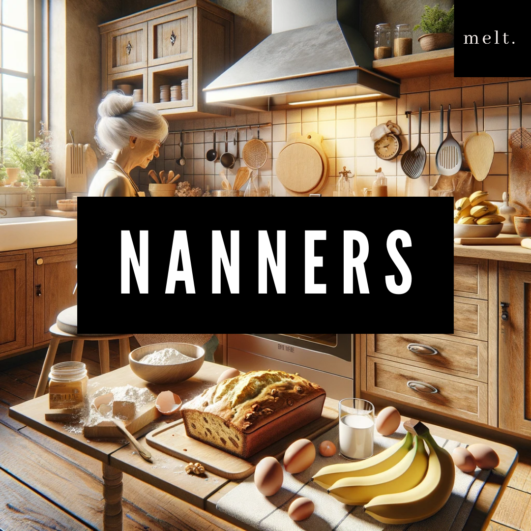 Nanners candle by melt., accompanied by visuals of ripe bananas, walnuts, and warm spices, representing its delightful and heartwarming fragrance.