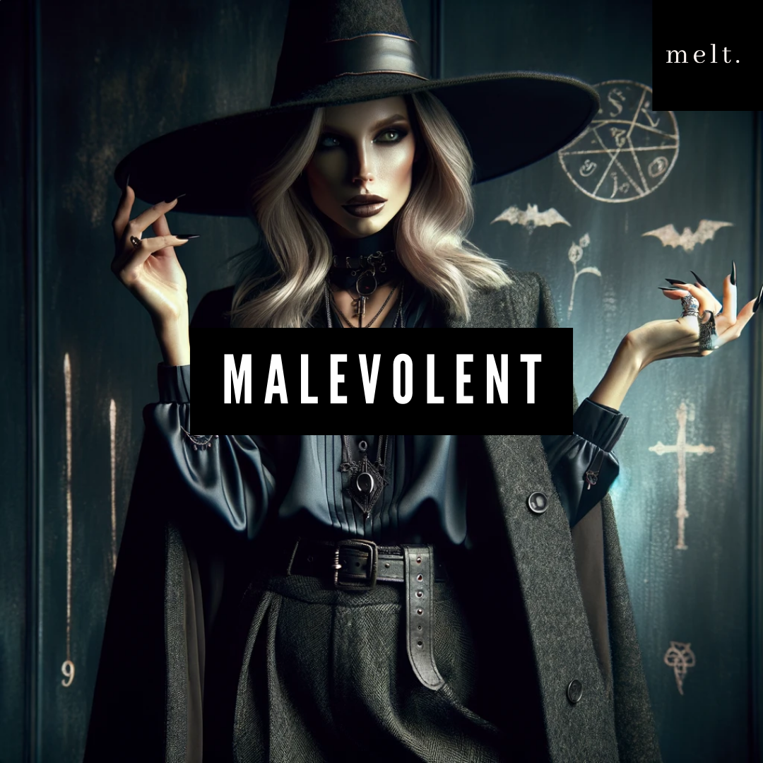 Malevolent candle by melt., surrounded by elements that evoke its mysterious and rebellious aromatic essence.