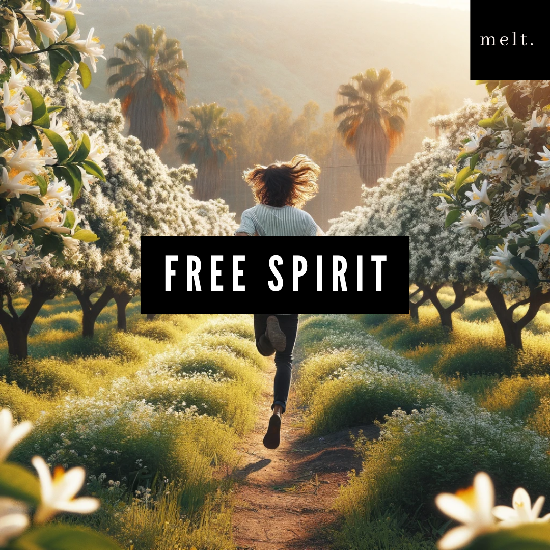 Free Spirit candle by melt., surrounded by elements of lemon blossom, yuzu, and mint, representing the fragrance’s adventurous and liberating essence.