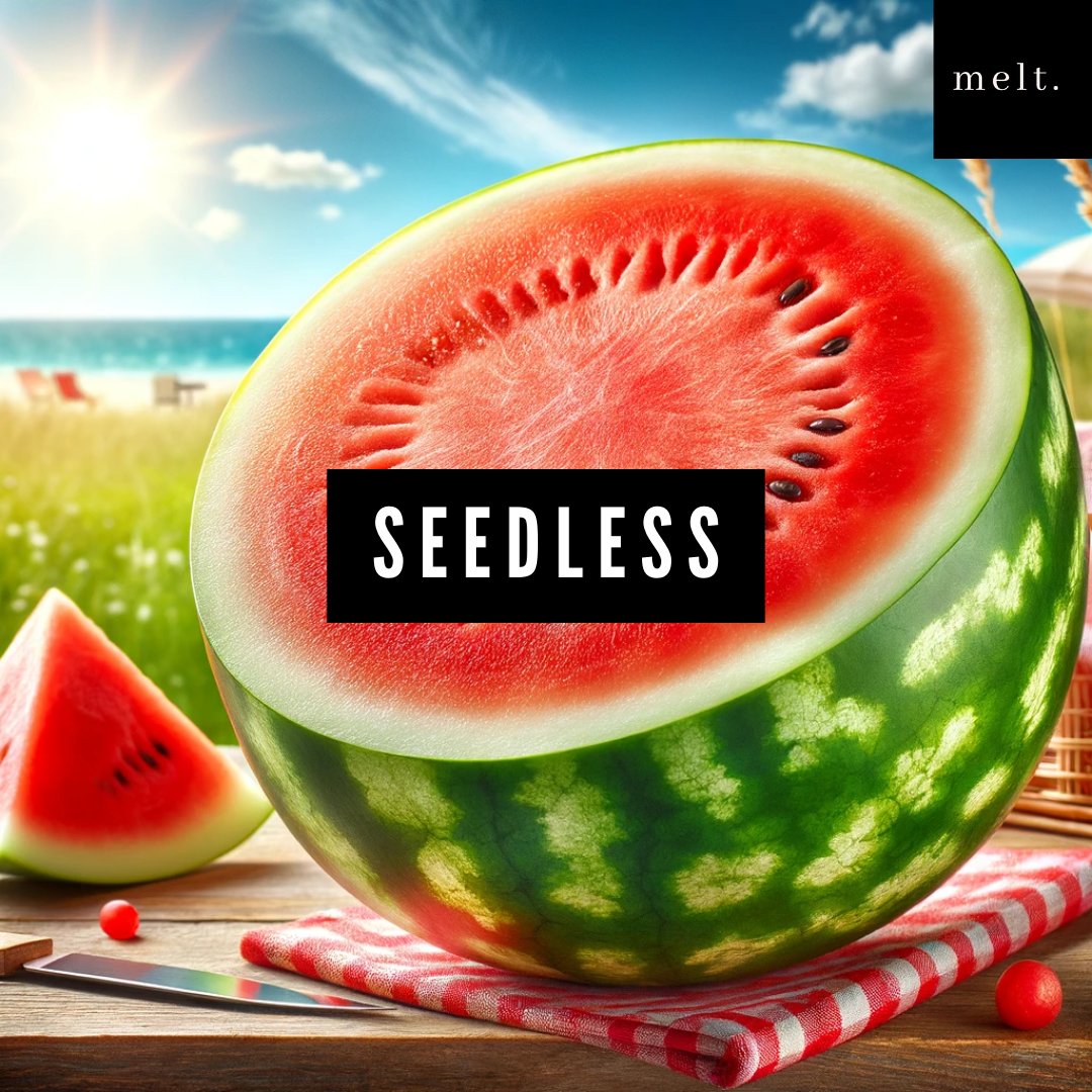 Seedless candle by melt., surrounded by vibrant slices of watermelon and honeydew, representing the candle’s refreshing and sweet fragrance.