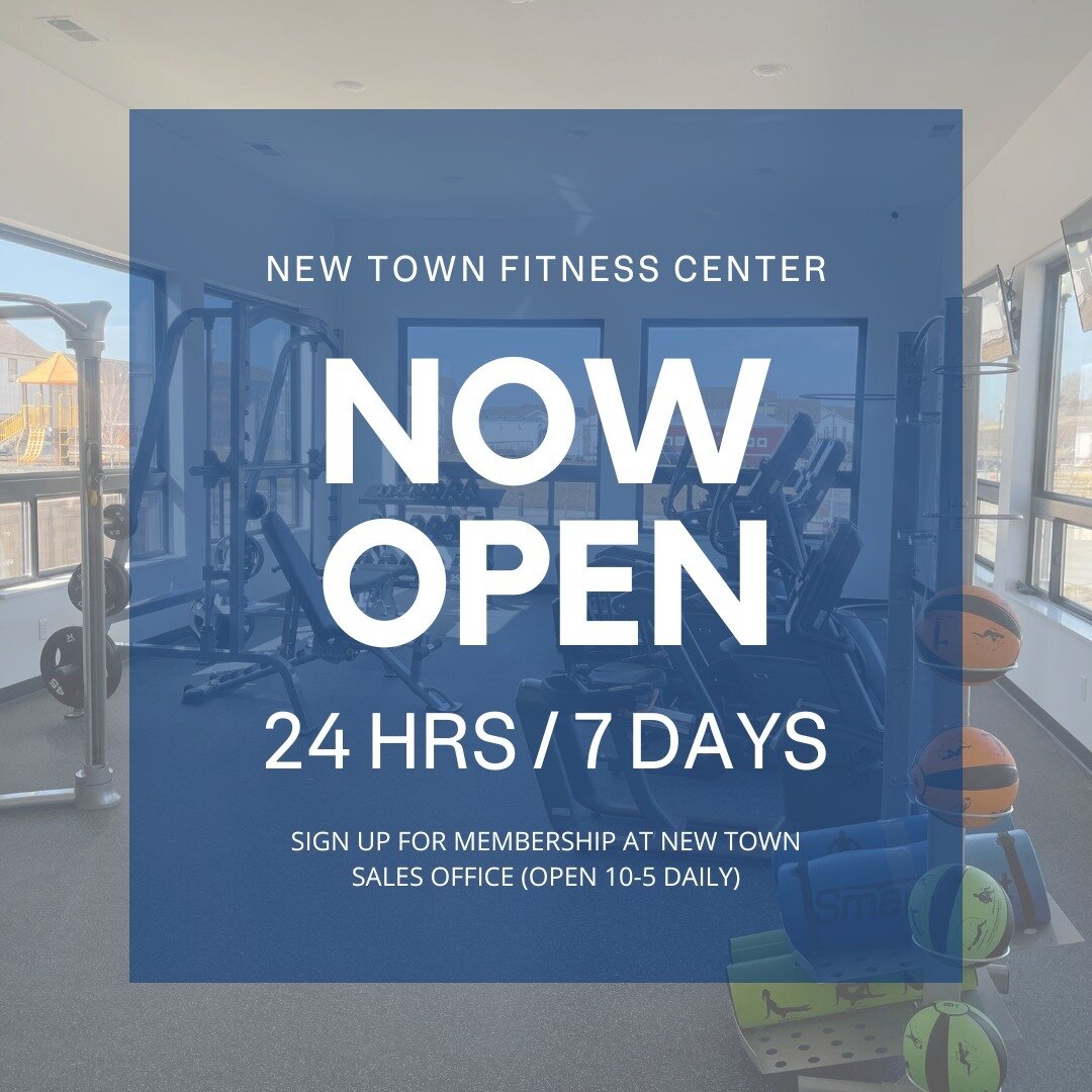 New Town Fitness Center is NOW OPEN! 🎊 🏋🏽&zwj;♀️ Come get your work-out on! Stop by the Sales Office (open 10-5 everyday) to sign up for your monthly membership and to receive your key fob. 

$29 for one membership
$25 each for 2+ memberships (per