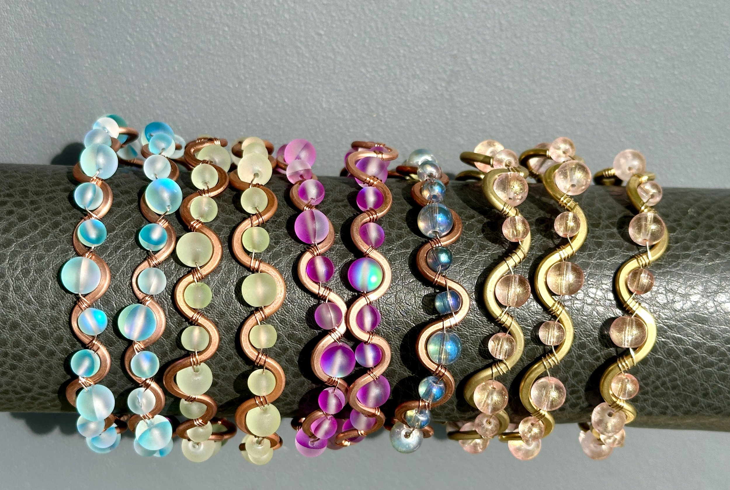 Copper + glass bead squiggle bracelets