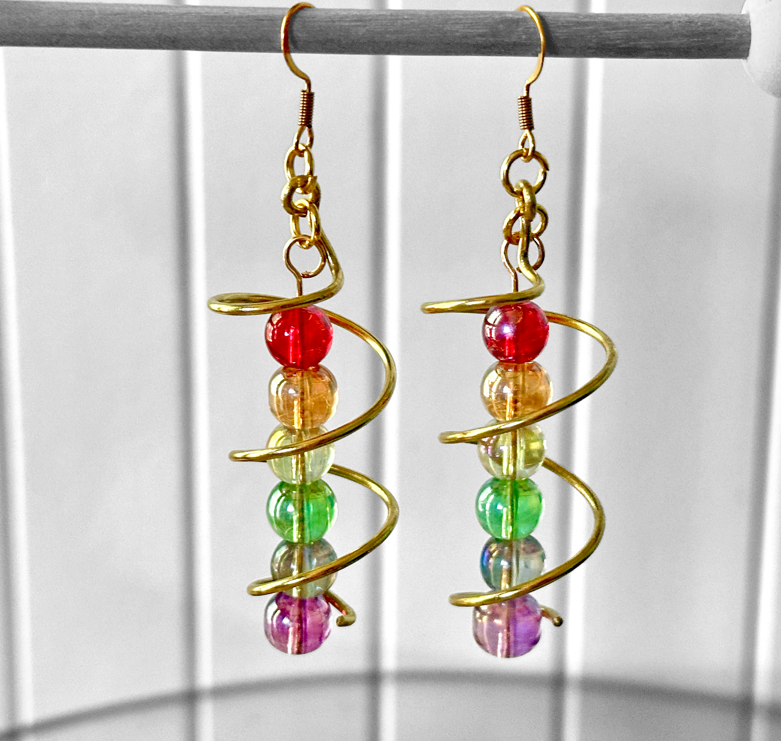 Rainbow Glass Bead and Brass Spiral Earrings