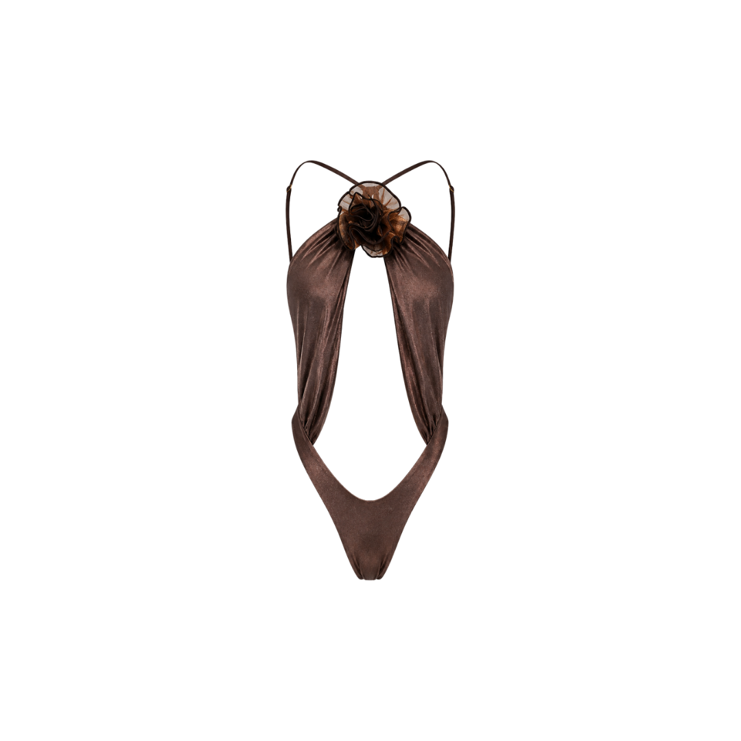 Brown cut out one piece swimsuit with cross-neck detail, wearable as a bodysuit.