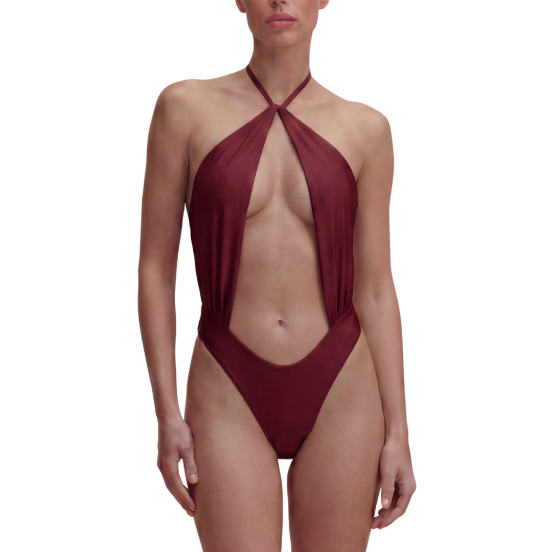 Sami reversible trikini by Casa Jaguar Swim in red and brown, cross-neck front with tie-back closure.