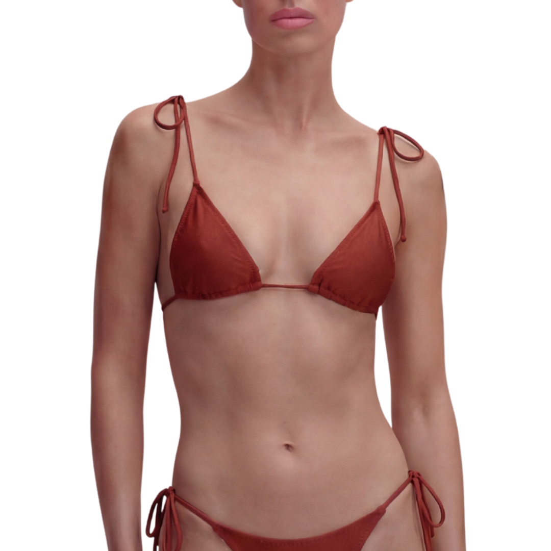 Rich mocha brown triangle top with unpadded cups for a natural, body-following fit. Sleek and minimal. Ethical luxury swimwear.