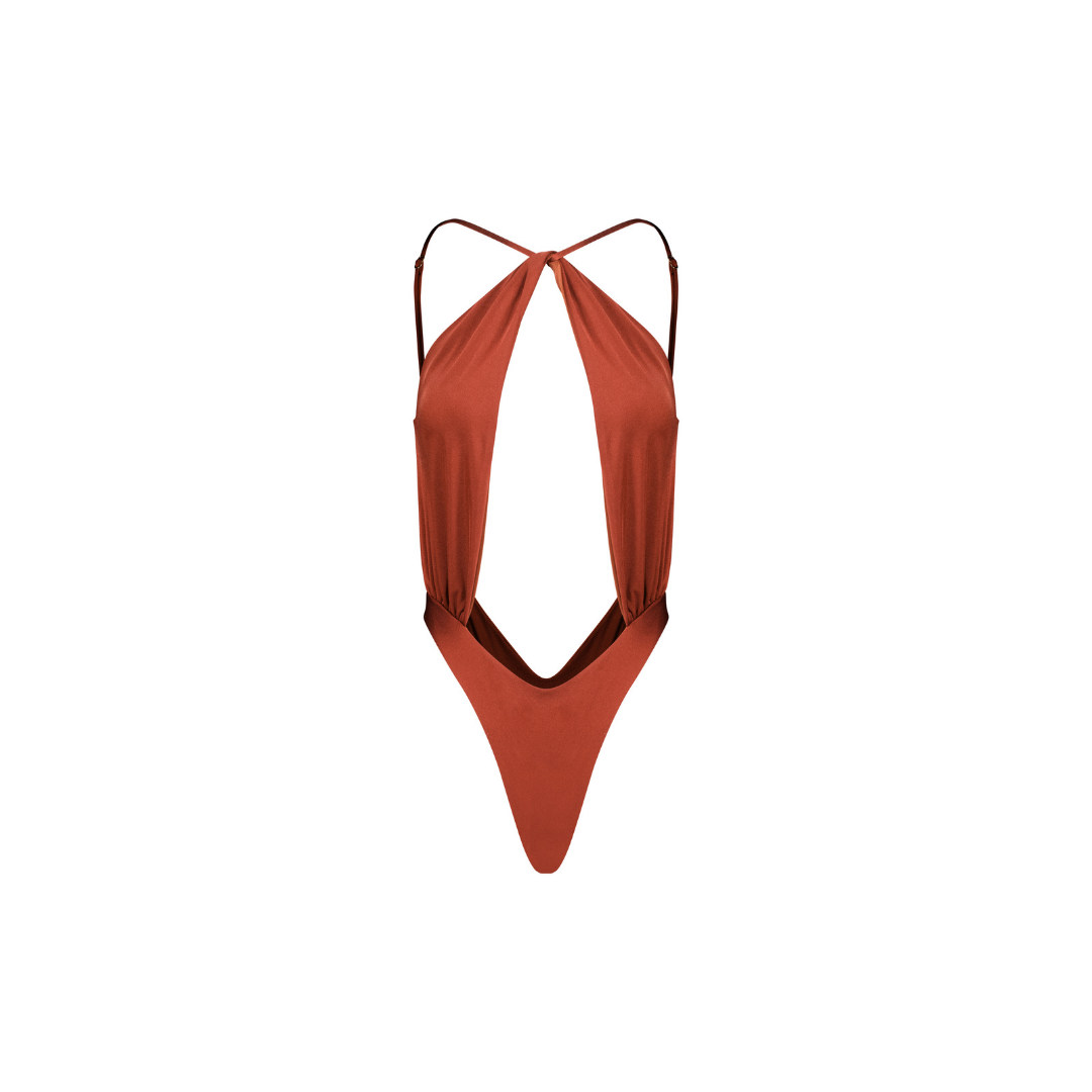 Sami reversible trikini by Casa Jaguar Swim in red, cross-neck front with tie-back closure