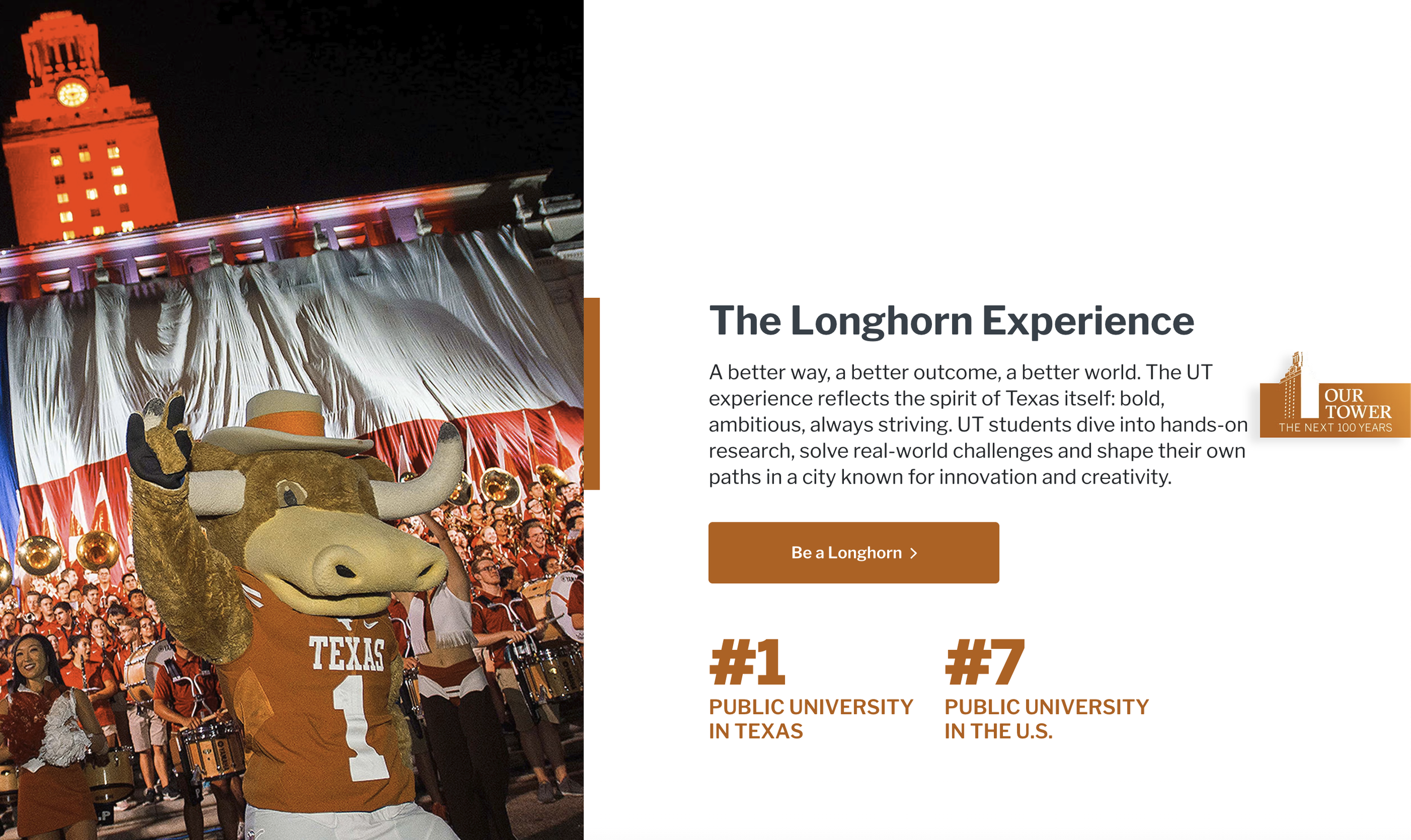 UT Austin home page "the Longhorn Experience" with picture of longhorn mascot and band