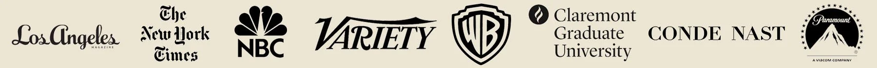 Logos for companys worked with including Warner Bros, Variety, Claremont Graduate University, NBC, NY Times, Conde Nast, Paramount, and Los Angeles Magazine