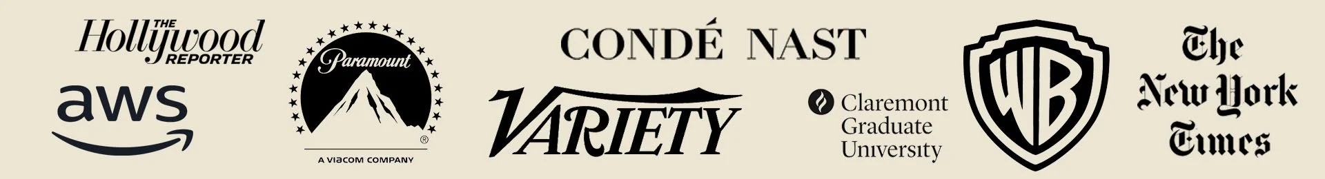 Credibility banner with logos of companies worked with including Warner Bros, Variety, Paramount, Conde Nast, Hollywood Reporter, Amazon AWS, New York Times, Claremont Graduate University.