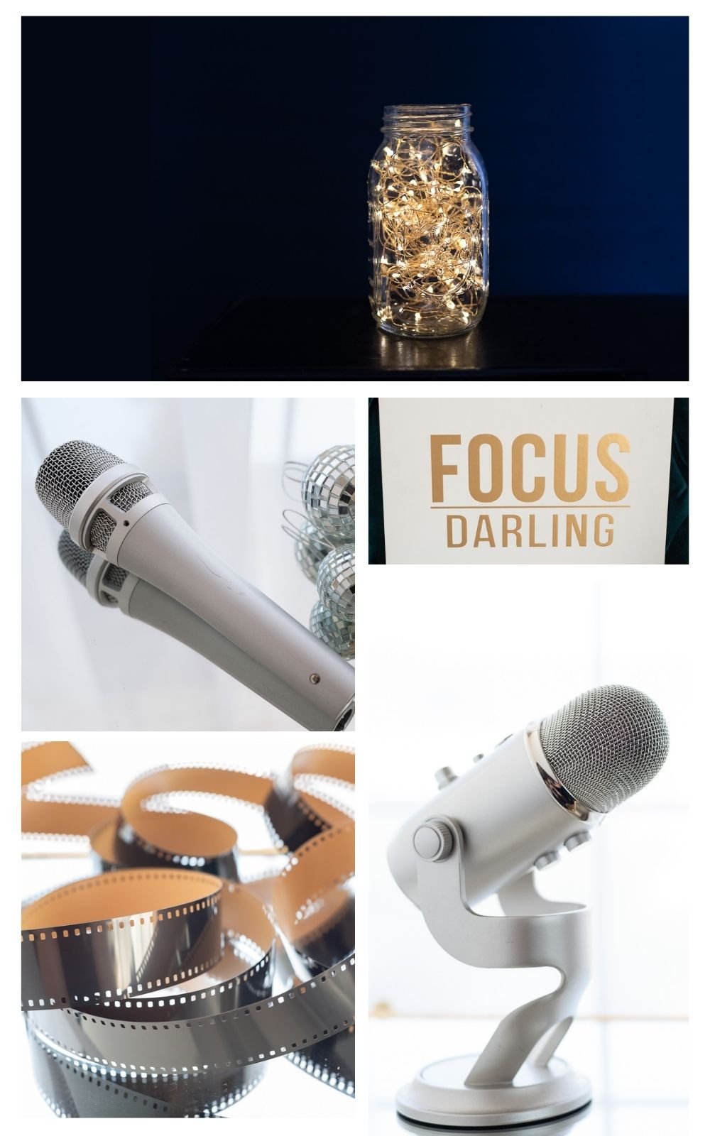 Collage of visibility channels - film, speaker microphone, podcast microphoen