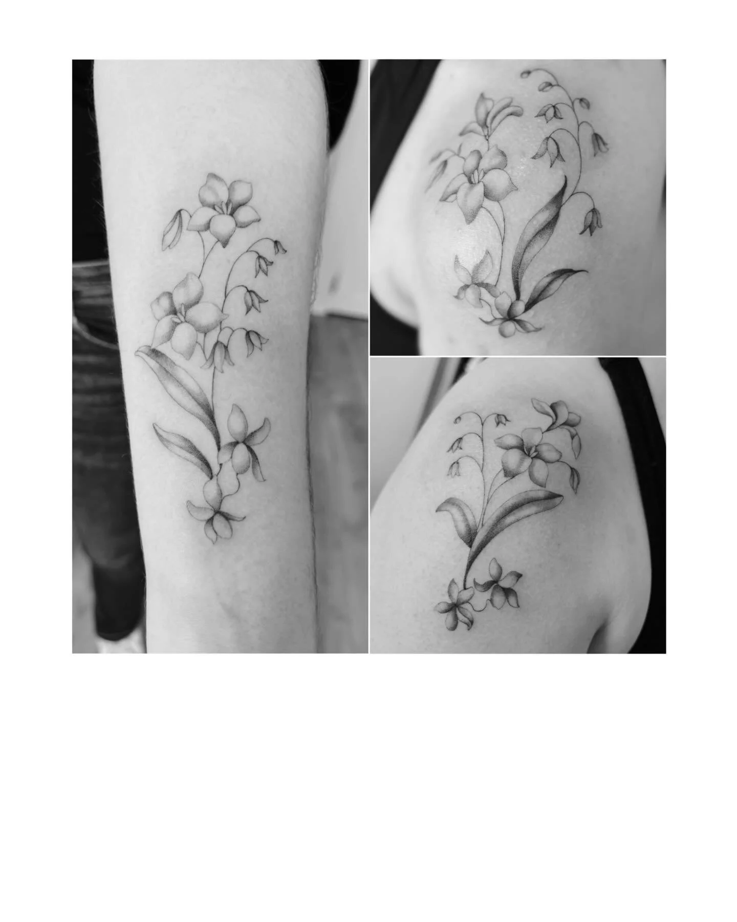Trois petits tattoos similaires (mais pas identiques !) pour trois amies qui se sont retrouv&eacute;es &agrave; Montpellier pour l&rsquo;occasion. Pied d&rsquo;alouette, violettes, muguet. 
Free hand only !
.
.
.
#tatoueusemontpellier #tatoueusebourg