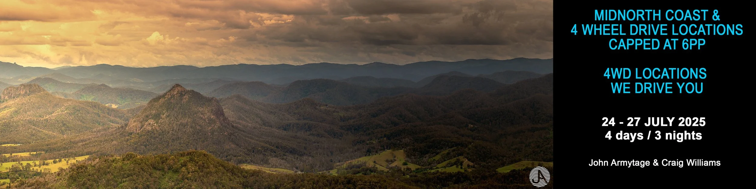 Text overlay on a landscape of mountains and clouds promoting a 4-wheel drive tour in MidNorth Coast, July 24-27, 2025, led by John Armytage and Craig Williams.