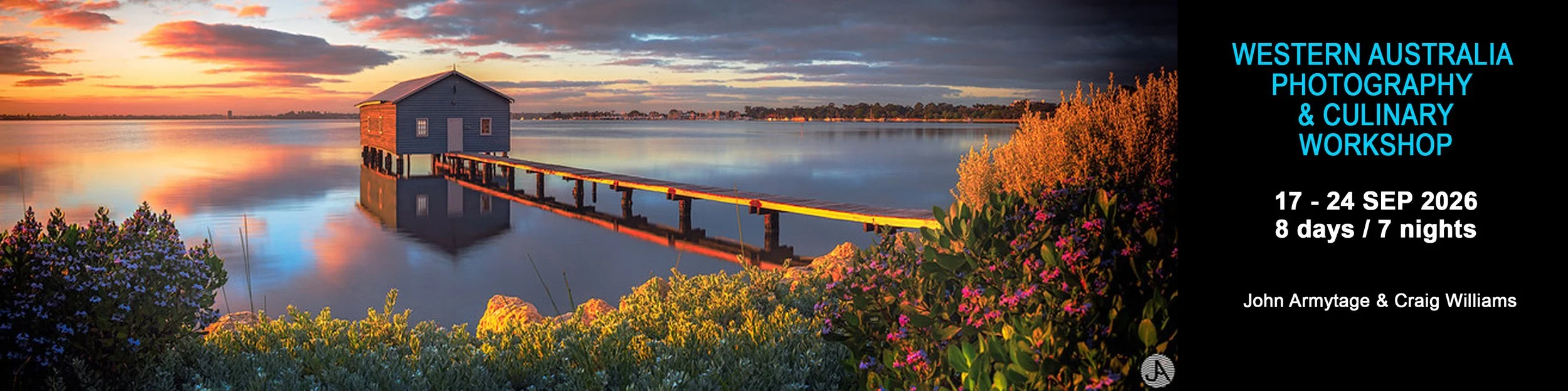 A beautiful sunset over a calm water body with a small wooden building built on stilts, connected to the shore by a wooden walkway. Bright flowers and greenery surround the scene. Overlaid text on the right side advertises a Western Australia photography and culinary workshop happening from September 17 to 24, 2026.
