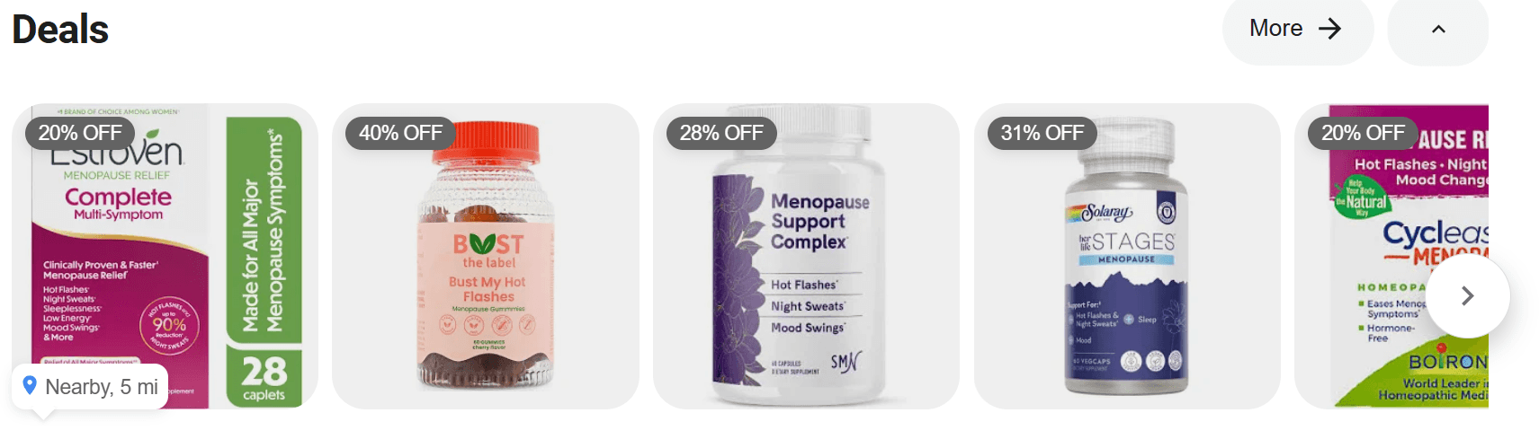 A screenshot of various hot flash supplements from a Google Search