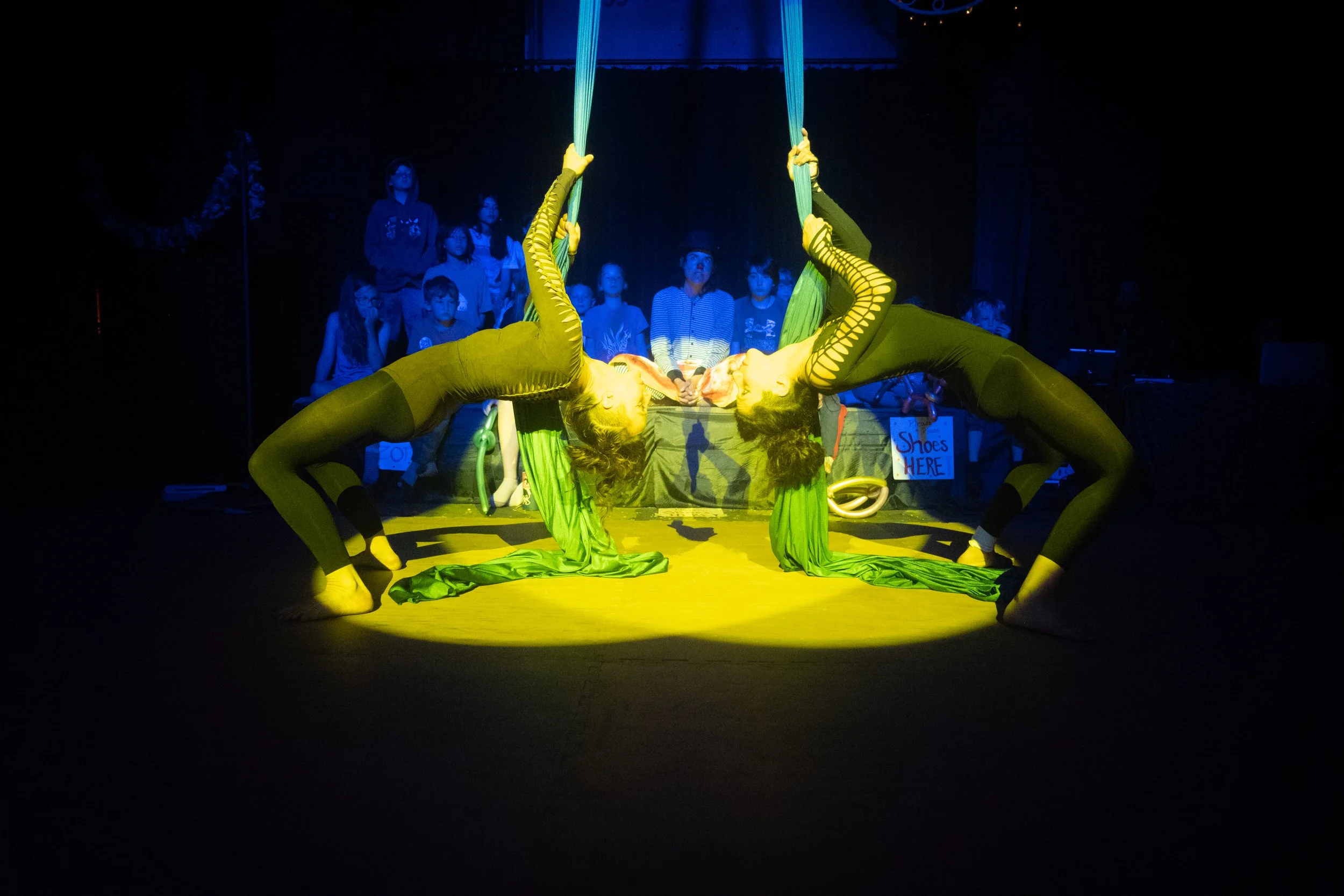 Two acrobats dressed in yellow and black perform a synchronized pose on green silk fabric in a circus setting, with an audience of children watching in the background.