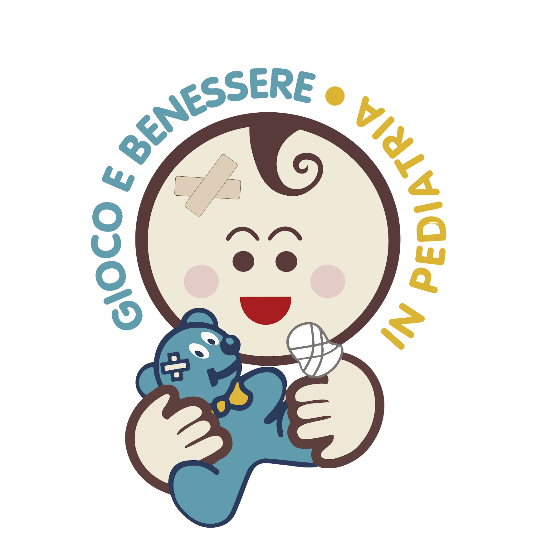 Personaggio cartone animato con ferite e fasciature, che tiene un videogioco e un cotton fioc, con un'espressione felice.