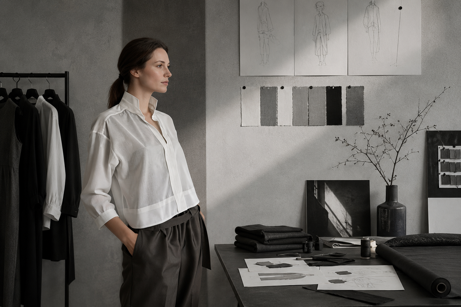 A woman stands in a fashion design studio, surrounded by clothing, fabric swatches, sketches, and design drawings, with a neutral-toned interior.