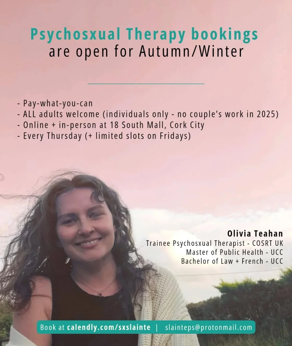 Therapy time! (from mid-September 😄)

📍 18 South Mall in Cork city (+ online)
⏰️ Slots every Thursday for Autumn/Winter

Book at calendly.com/sxslainte or link in my bio

If you have queries you can comment, DM or send to my encrypted email at slai
