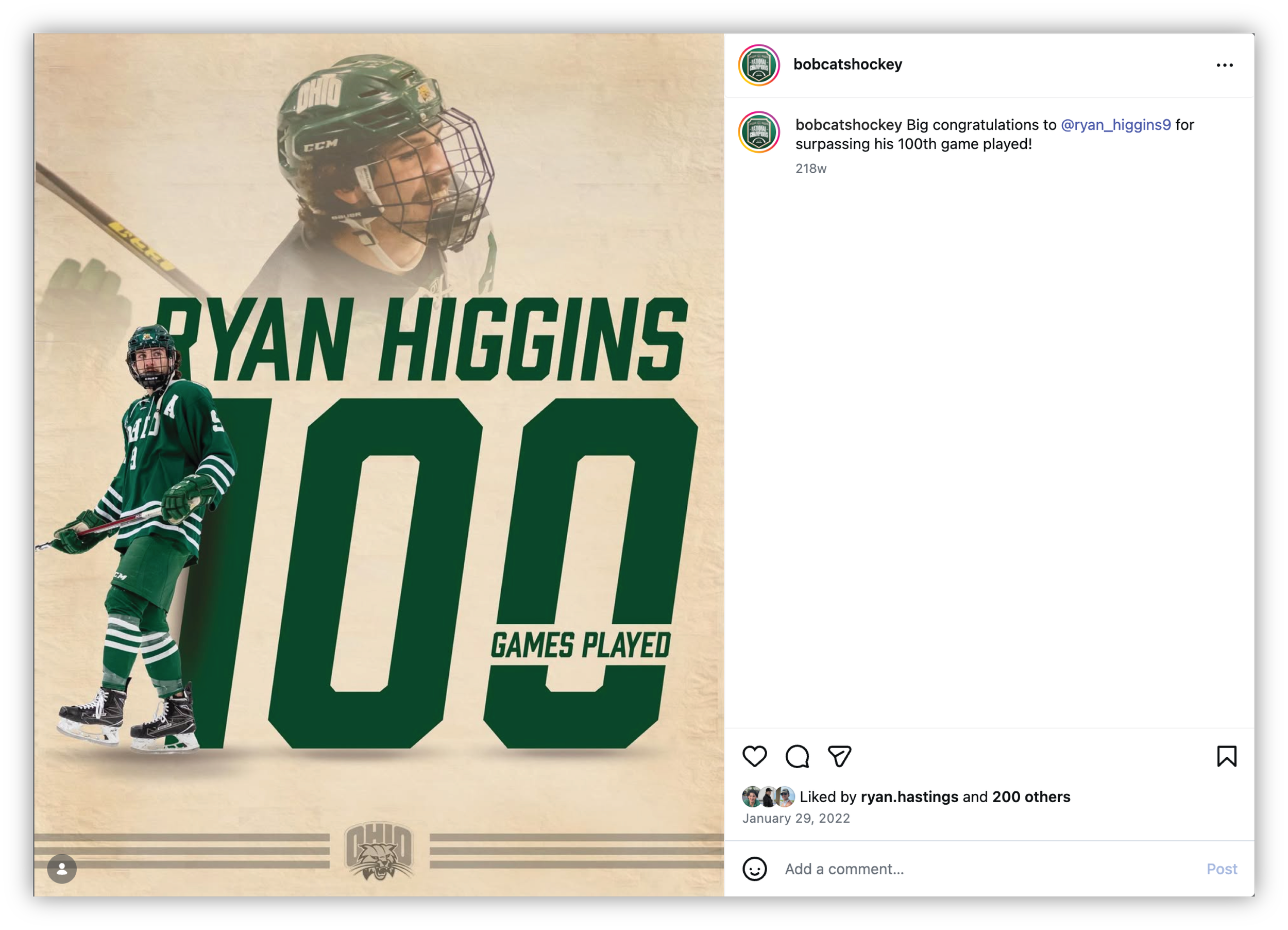 Celebratory graphic highlighting Ryan Higgins' achievement of playing 100 hockey games, featuring images of him in hockey gear and the number 100 with text.