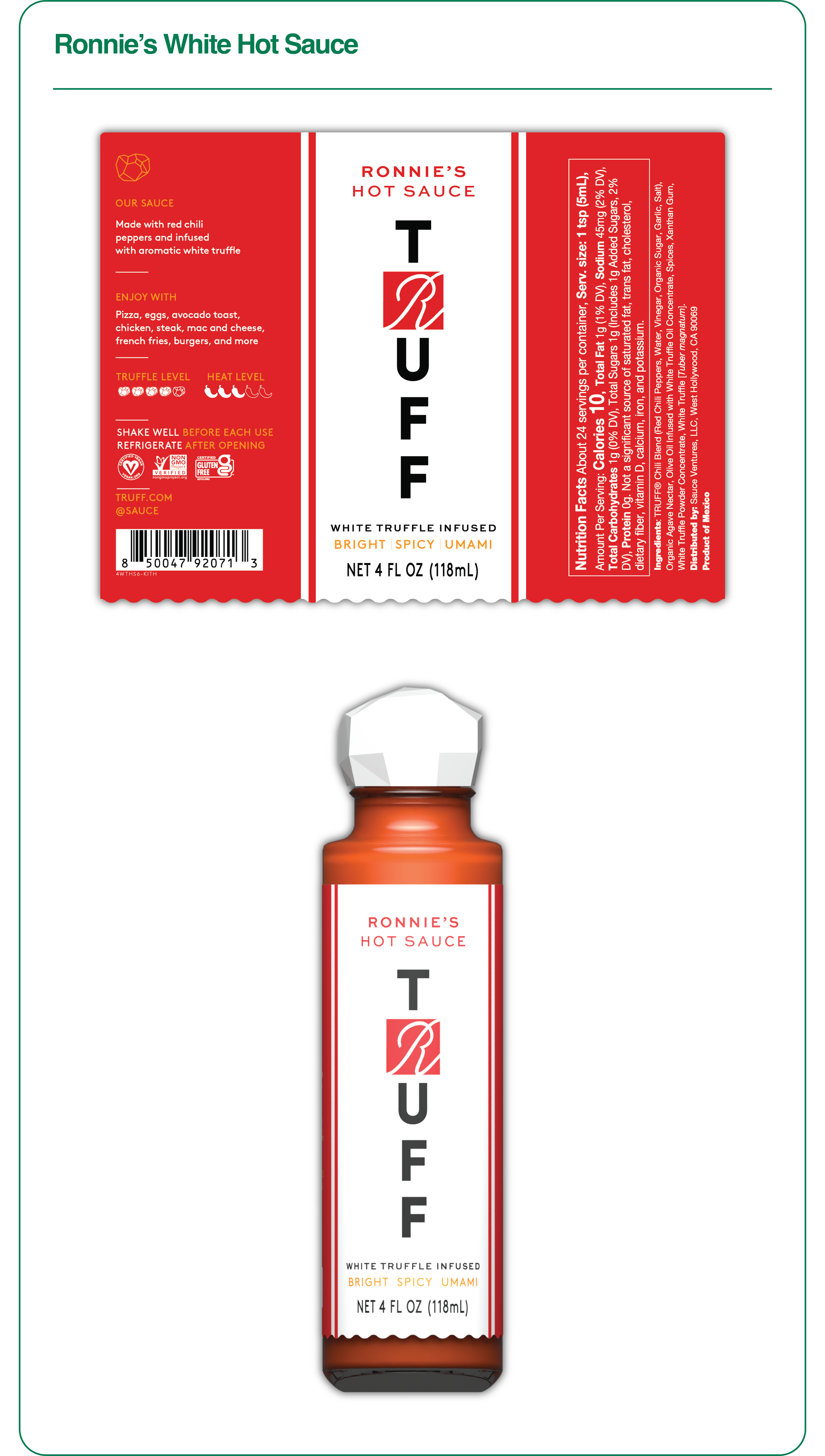 A bottle of Ronnie's White Hot Sauce with a red label and a white cap, placed above its packaging box which has a matching design with the sauce bottle depicted vertically.